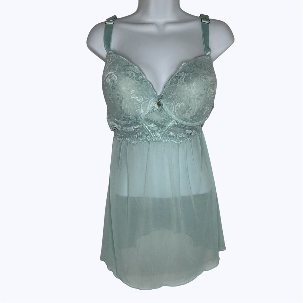 Daisy Fuentes Babydoll‎ Lingerie Nightie Green Lace Molded Cup Sheer Mesh Sz 1X